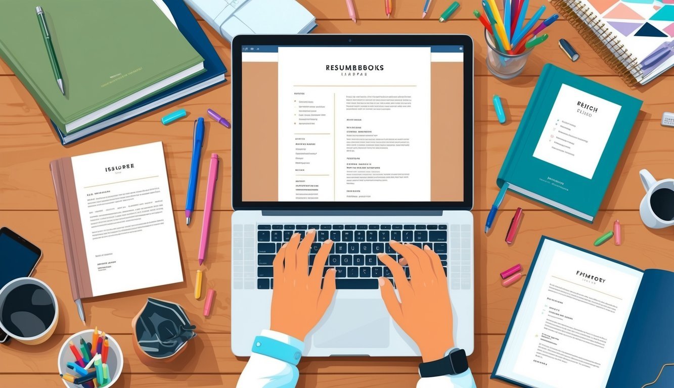 A cluttered desk with a laptop open to a resume template, surrounded by design books and colorful pens