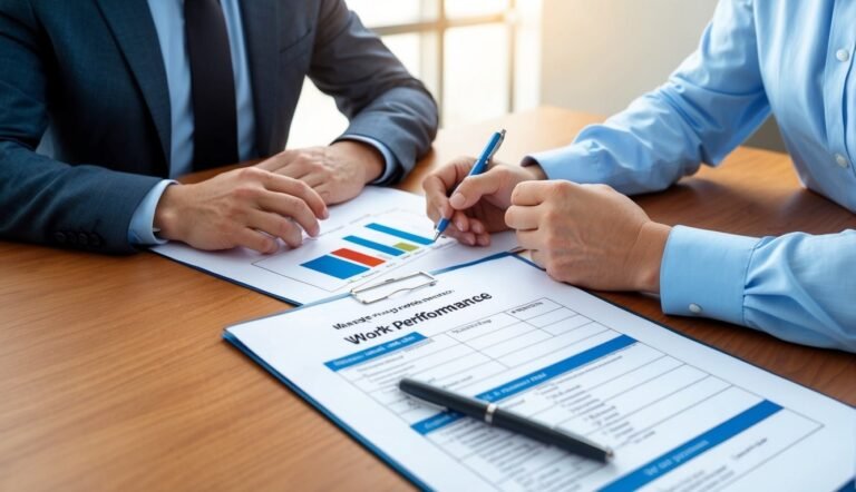Two people reviewing work performance documents and a bar graph