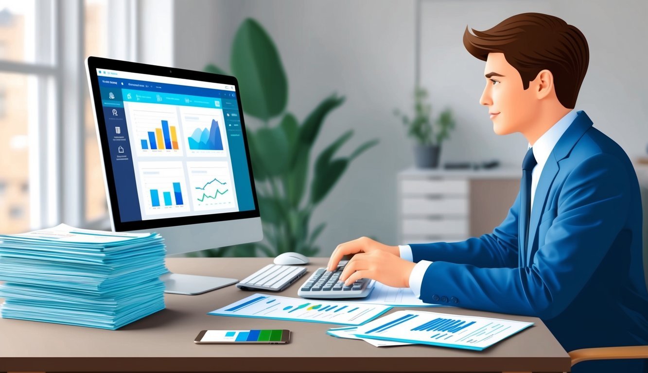 A person sitting at a desk, using a computer to manage investments and wealth with personal accounting software.</p><p>A stack of financial documents is neatly organized nearby