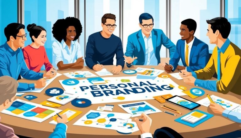 Diverse group of people around a table discussing personal branding