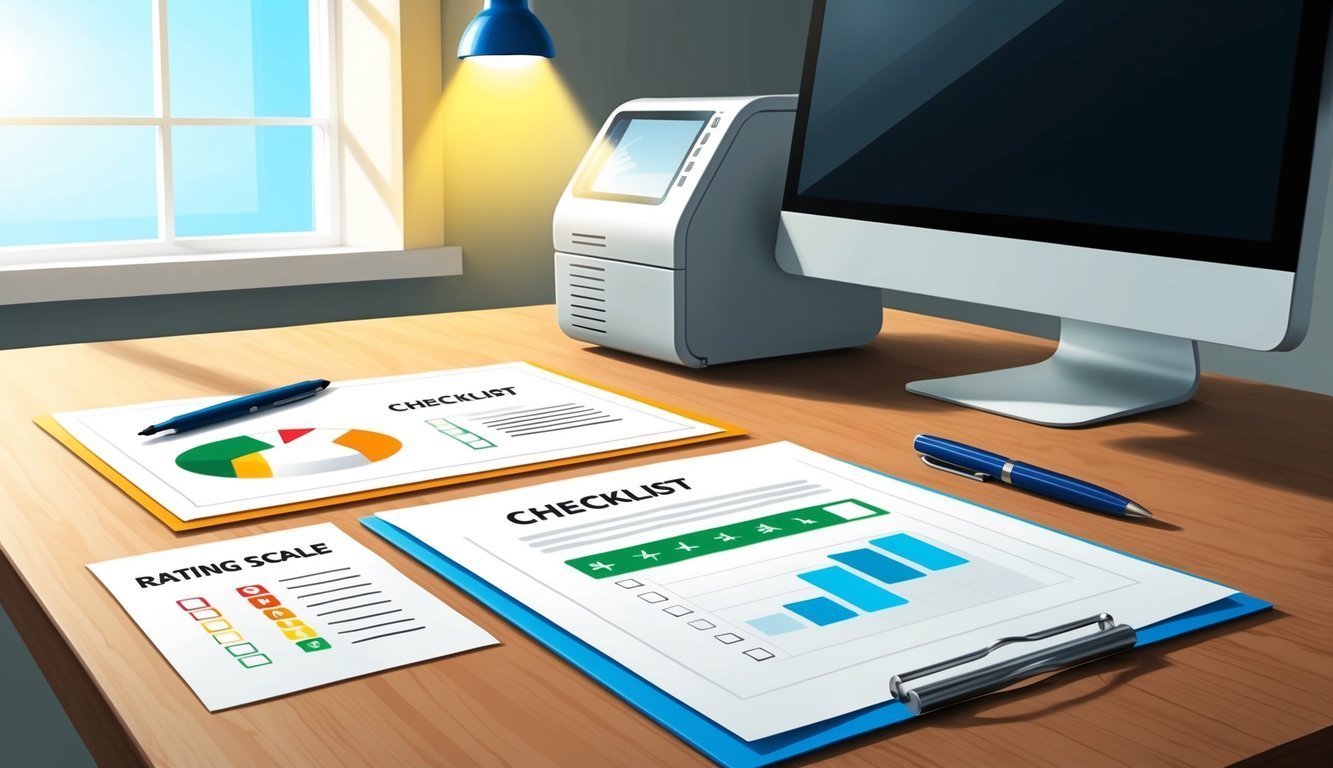 Checklists, rating scale, and computer on a desk in an office setting