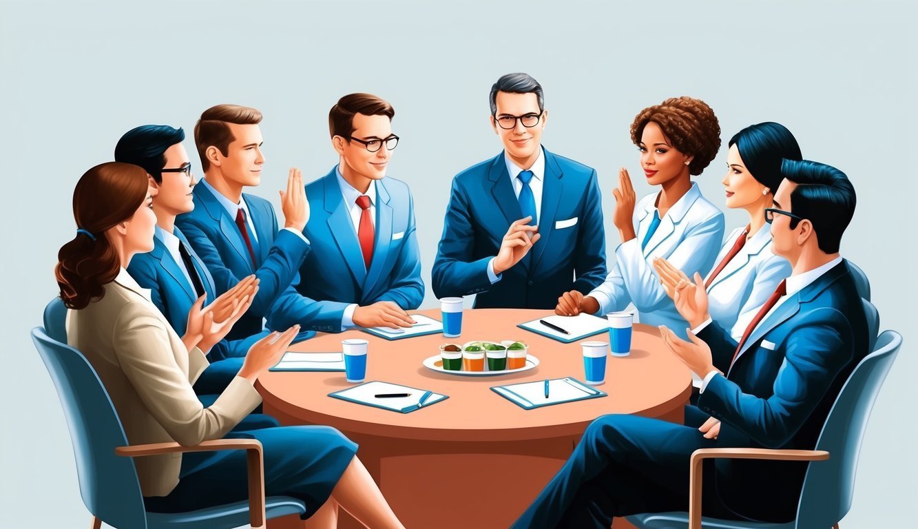 Business team in suits at a round table, discussing and gesturing