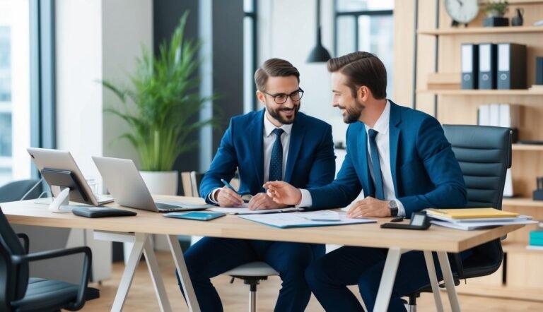 Two businessmen in suits smiling, working together at a desk