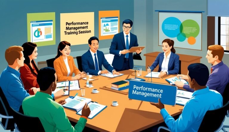 Business team in a performance management training session, discussing data