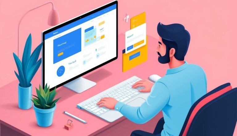 Man working on a computer, website interface, plants, and desk accessories
