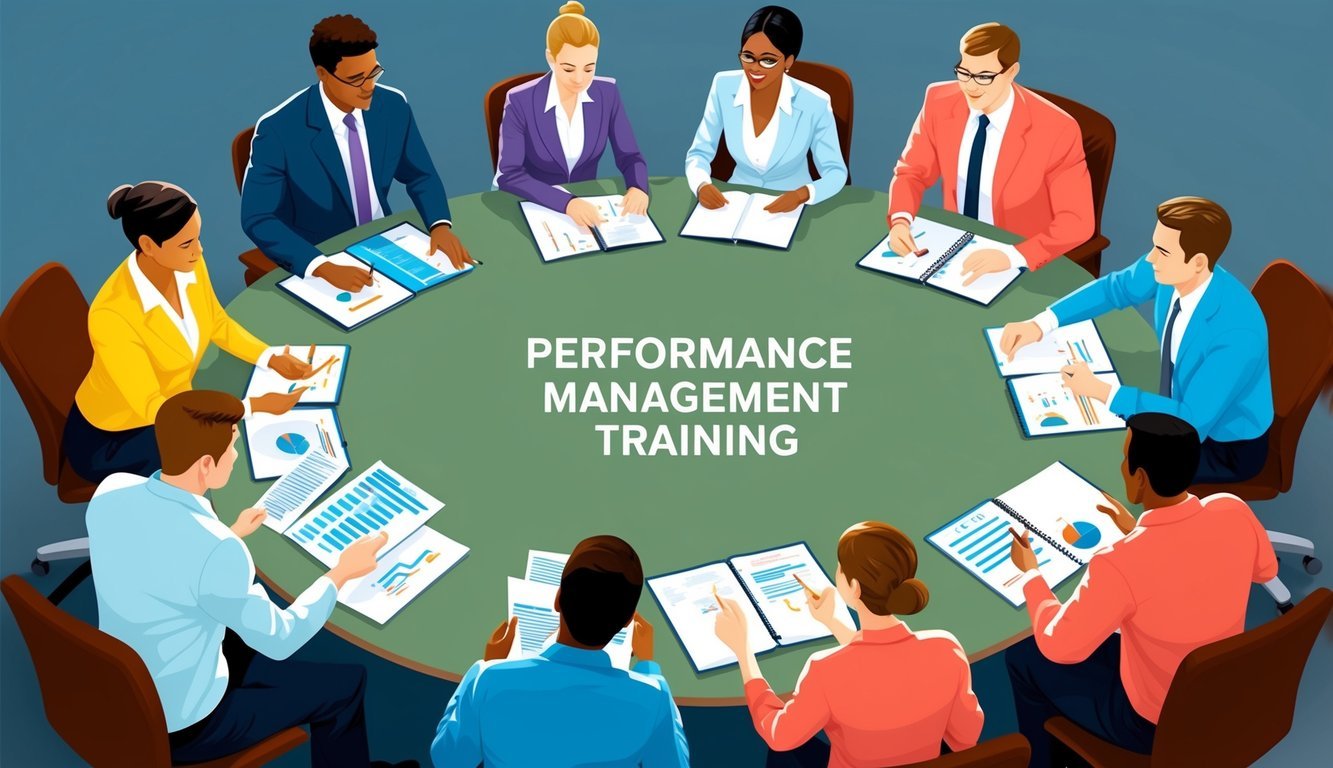 A group of individuals engage in performance management training, participating in exercises and discussions aimed at assessing and enhancing their professional abilities