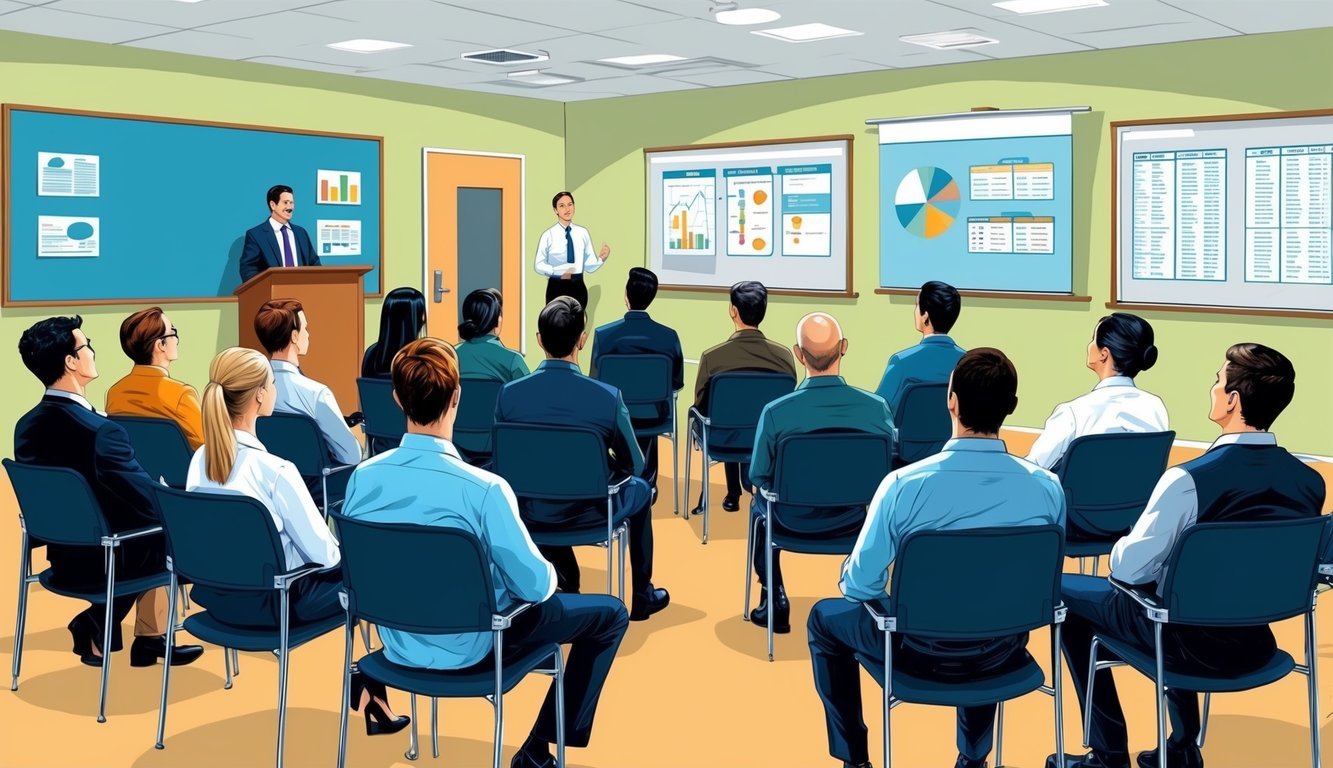 A group of people seated in a training room, listening to a speaker at the front, with visual aids and charts displayed on the walls