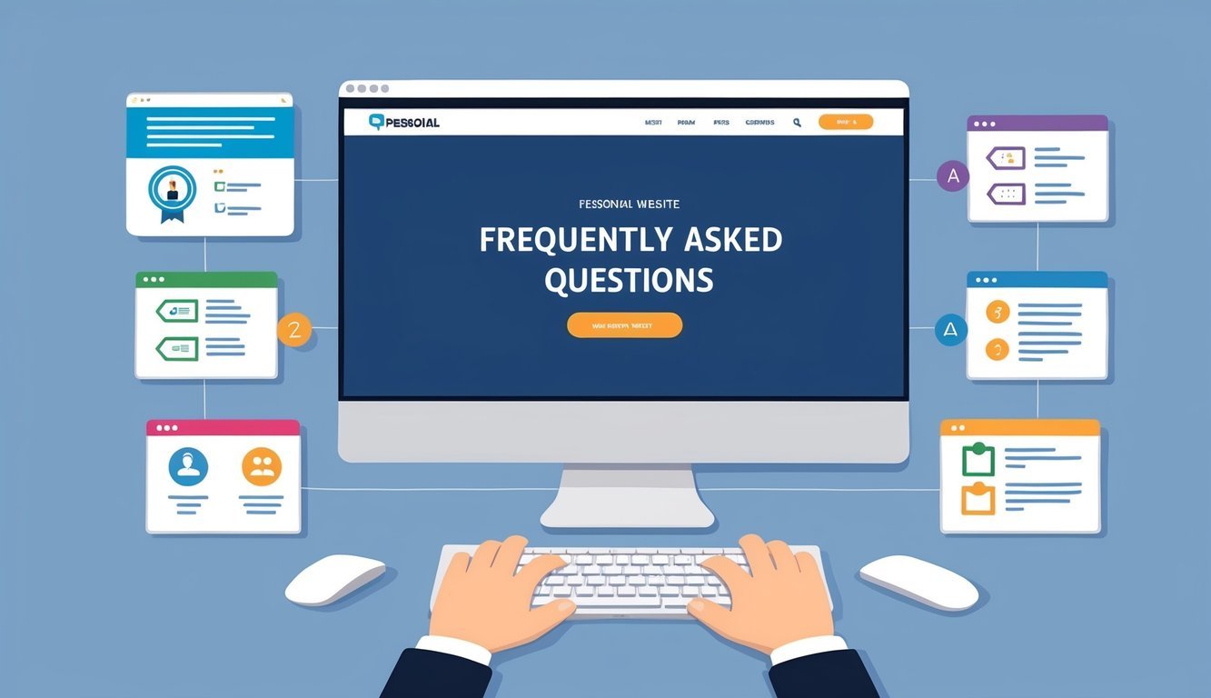 A computer screen displaying a personal website with a section labeled "Frequently Asked Questions" surrounded by various icons and navigation buttons