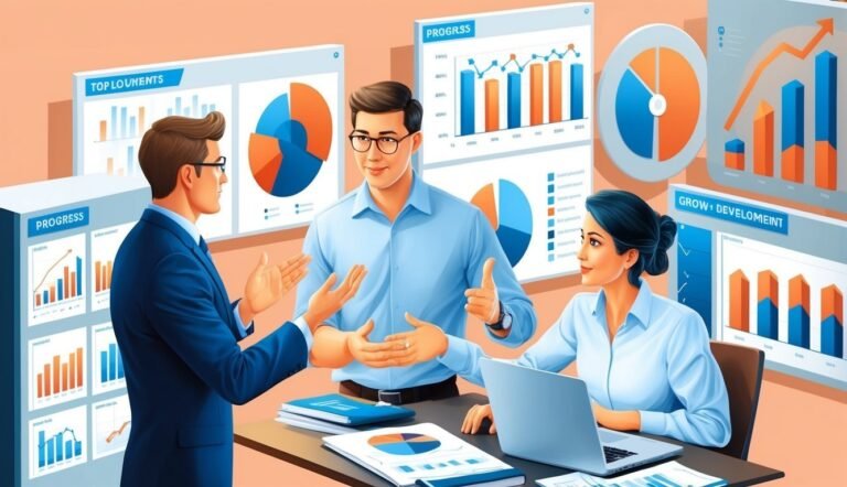 Business team reviewing charts and graphs on a desk with a laptop