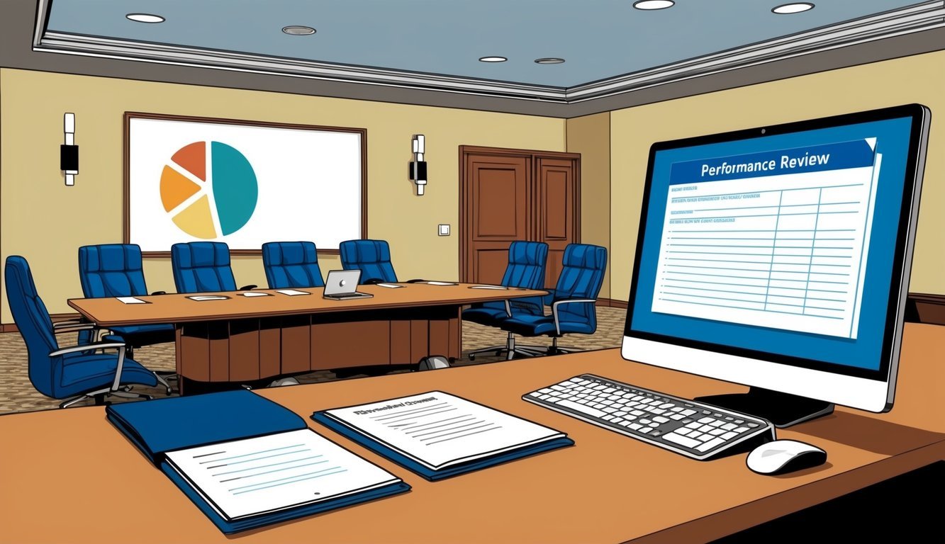 A conference room with a table and chairs, a folder of documents, and a computer displaying a performance review form on the screen