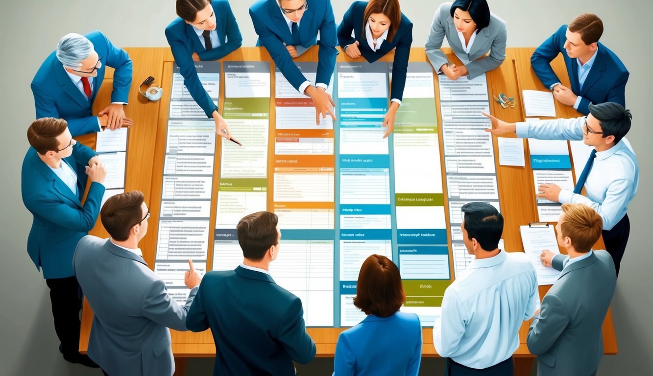 A group of people gathered around a large board with categories and questions, discussing and reviewing performance evaluations