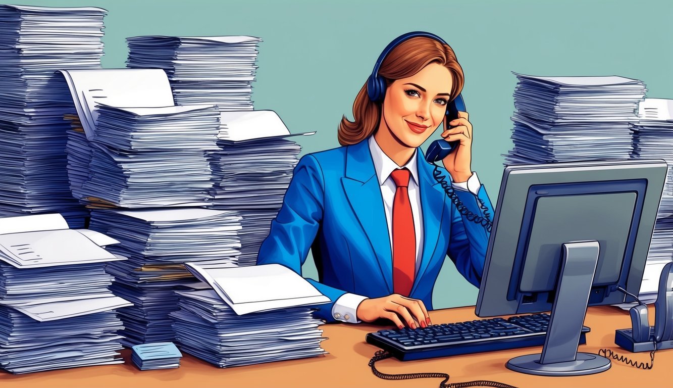 A payroll accountant surrounded by stacks of paperwork and a computer, answering phone calls and typing on the keyboard