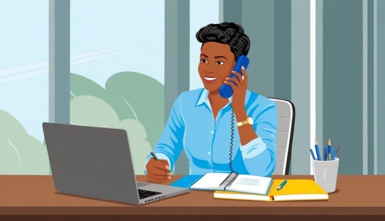 Woman on phone at desk with laptop, notebook, and pen