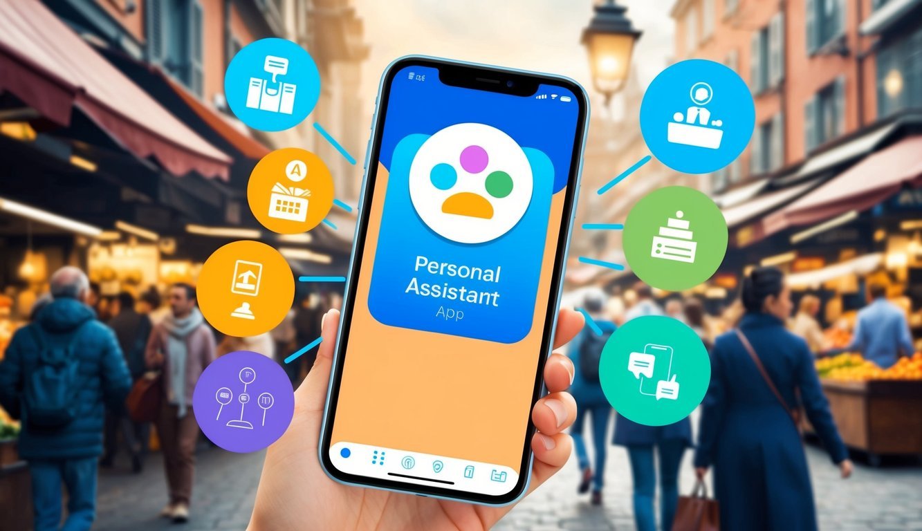 A smartphone displaying a personal assistant app, surrounded by icons of various tasks and activities, set against a backdrop of a bustling city market