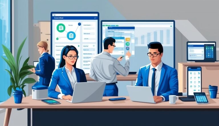 Business team working on laptops and screens in a modern office setting