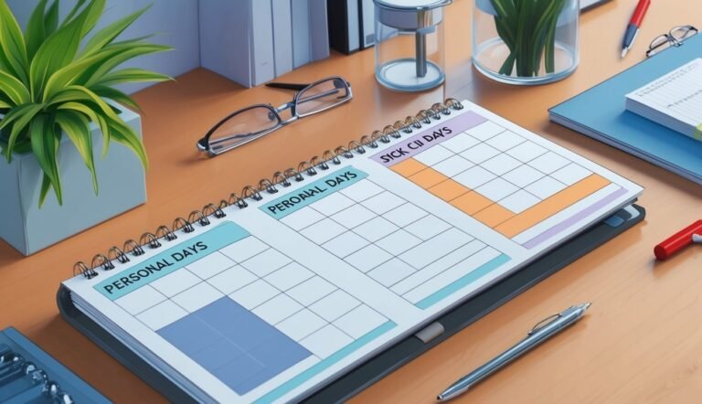 A spiral-bound planner with personal and sick day sections on a desk