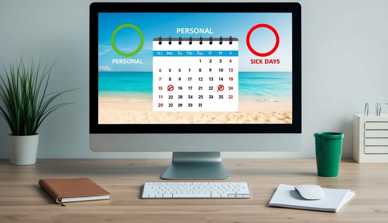 An empty desk with a calendar showing personal days circled in green and sick days crossed out in red.</p><p>A beach scene on the computer screen