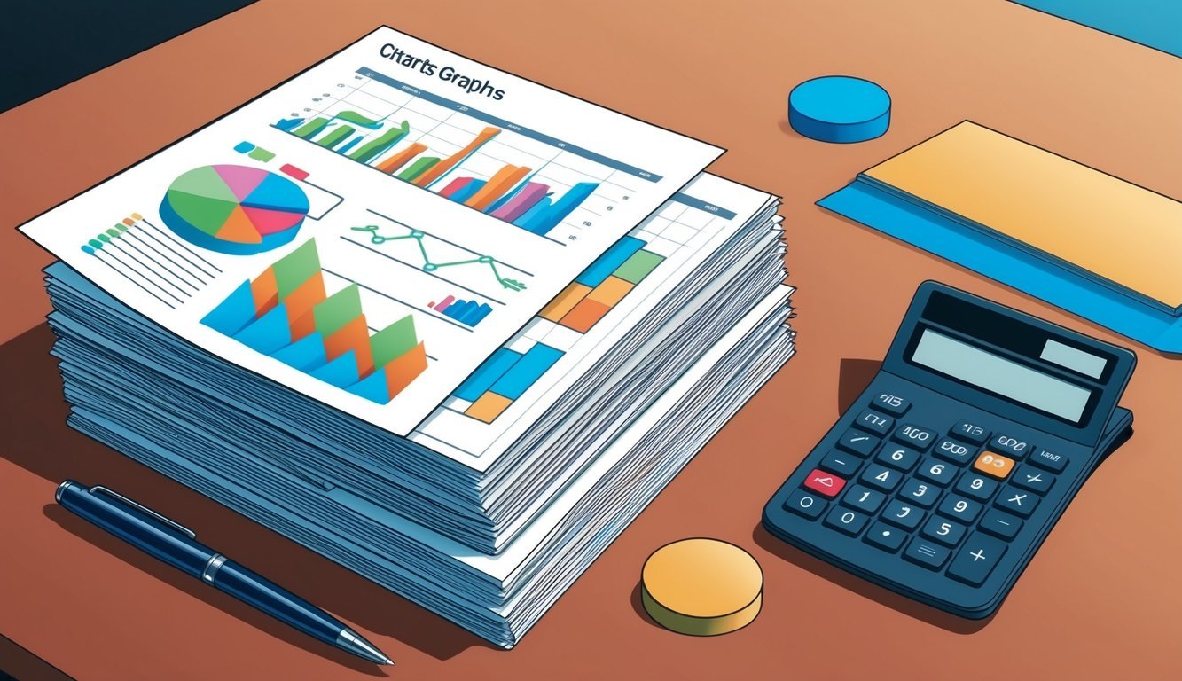 A stack of paperwork with charts and graphs, a calculator, and a pen on a desk