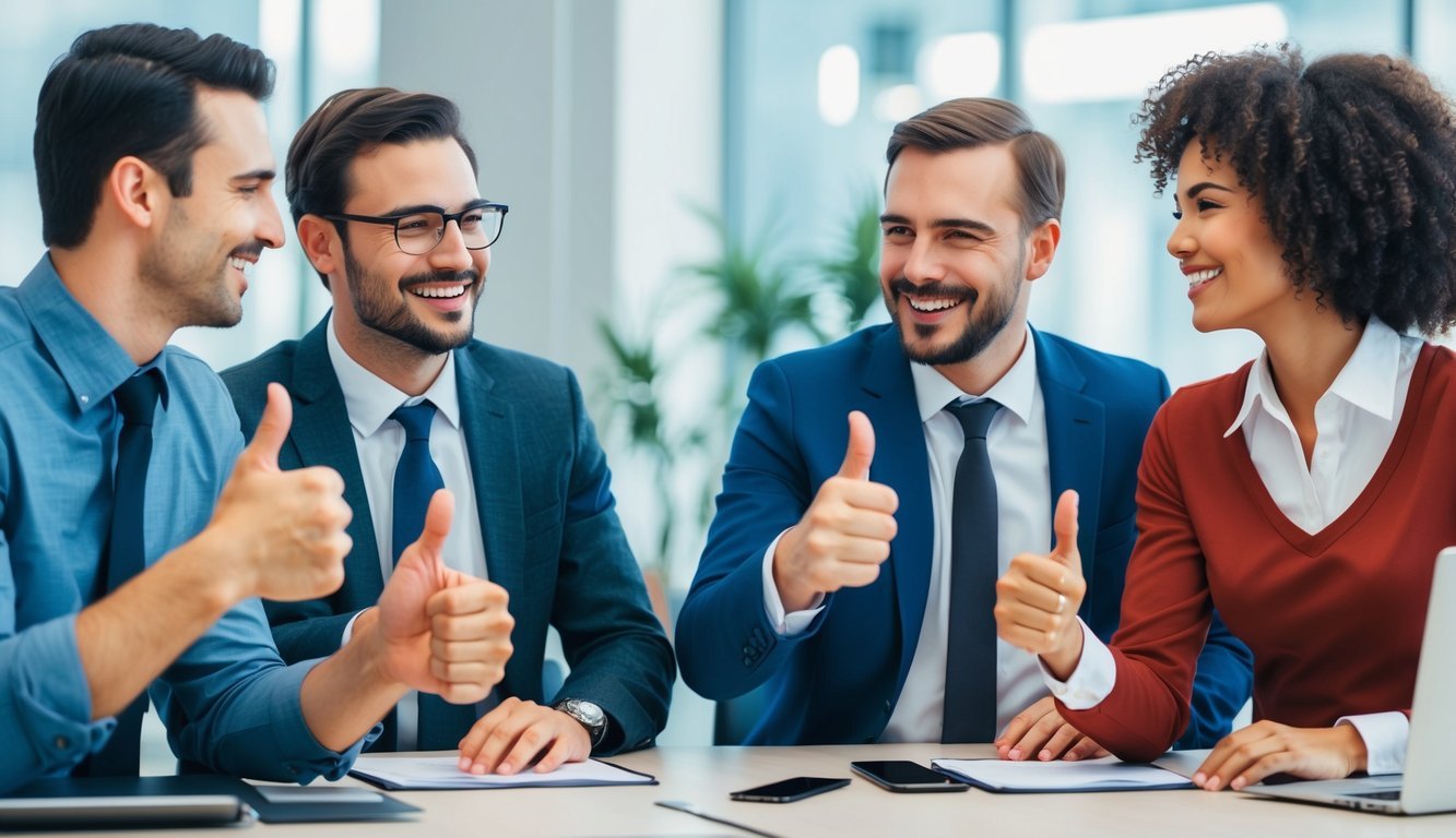 Colleagues exchanging smiles and thumbs-up gestures in an office setting