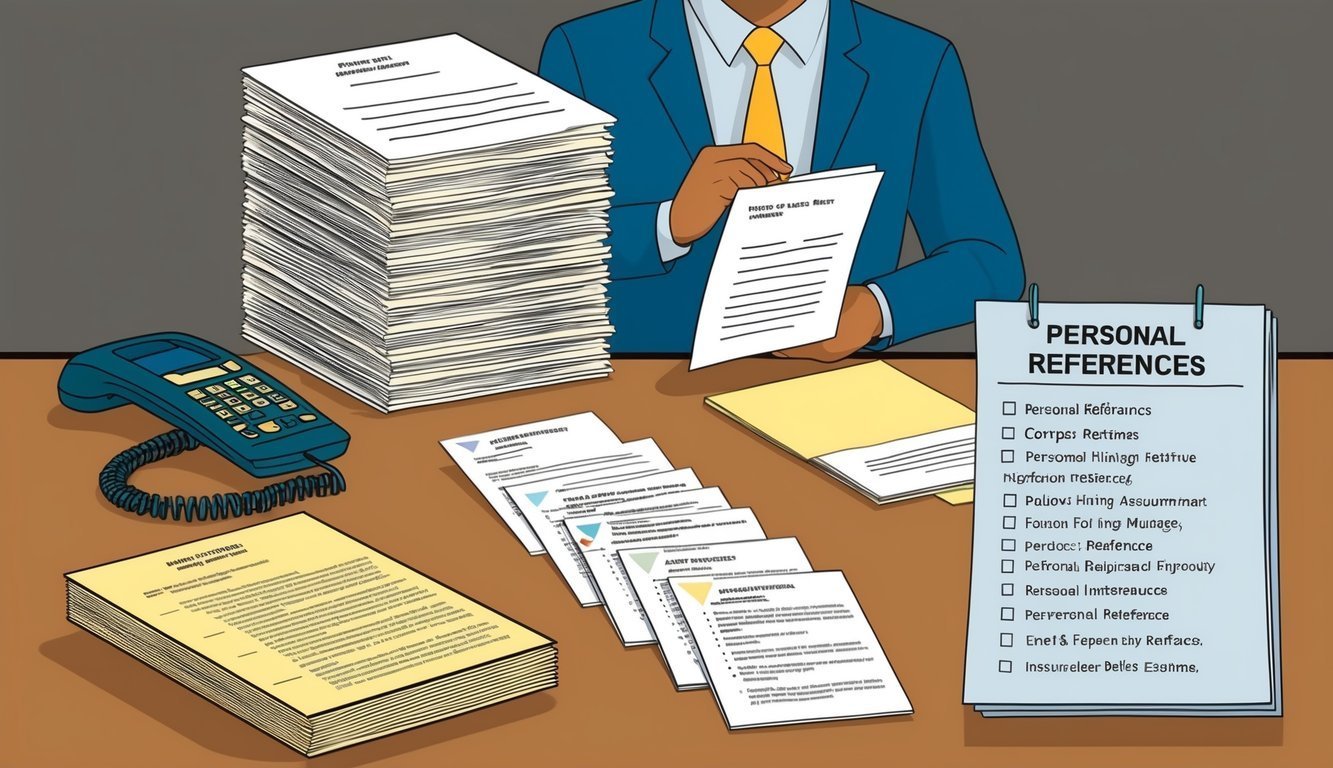 Man reviewing documents with a stack of papers, phone, and reference list