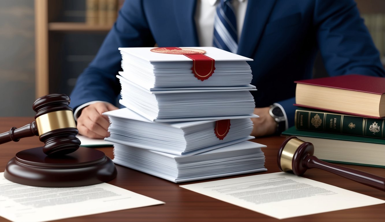 A stack of official documents with a stamp and seal, surrounded by legal books and a gavel on a desk