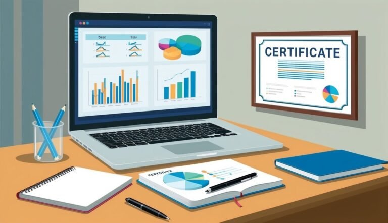 Laptop with charts, certificate on wall, notebooks, pens on desk