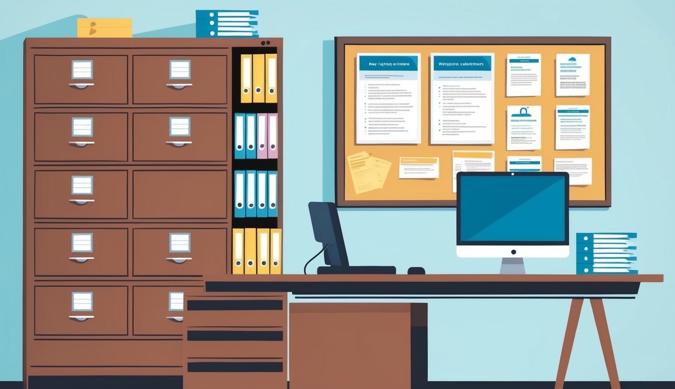 A filing cabinet with labeled folders, a desk with a computer, and a bulletin board with workplace policies and employee development resources