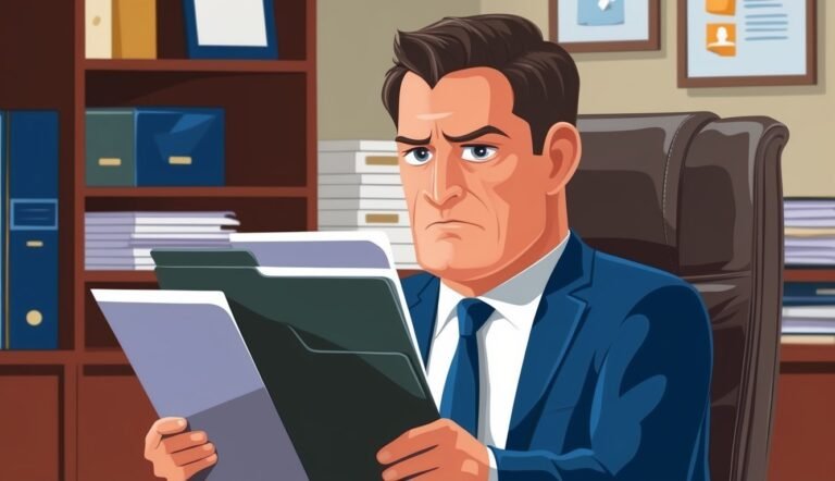 A serious businessman in a blue suit reviews files in his office