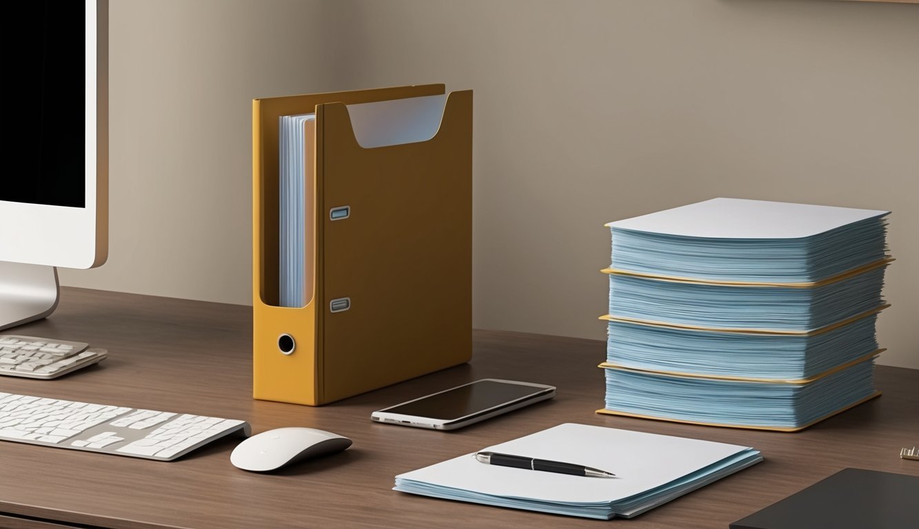 A desk with an open file, a computer, and a stack of papers