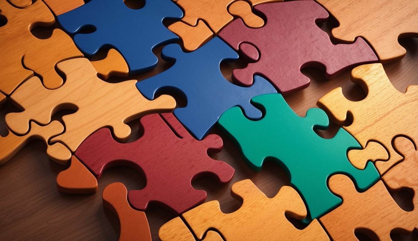 Colorful wooden puzzle pieces interlocked on a wooden surface