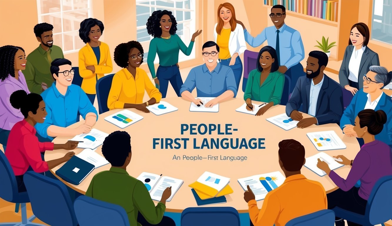 A diverse group of people gathered around a table, engaging in a discussion about people-first language.</p><p>The atmosphere is friendly and inclusive, with everyone actively participating