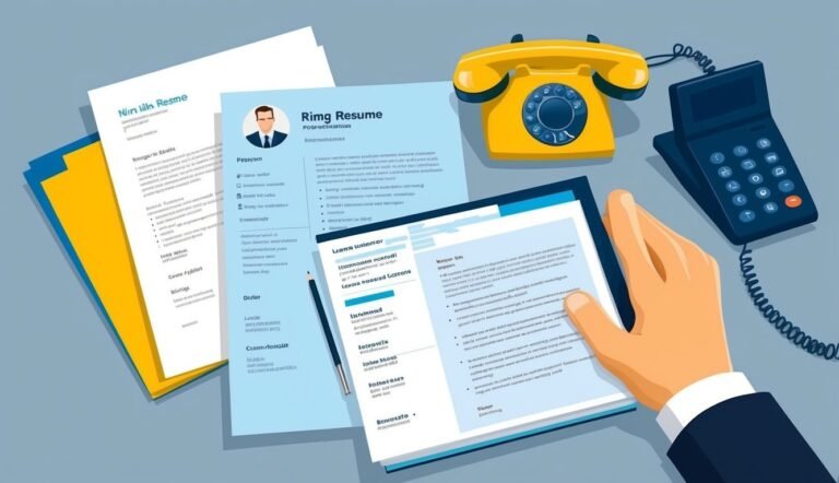 Resumes, a yellow phone, and a calculator on a desk, hand holding a resume