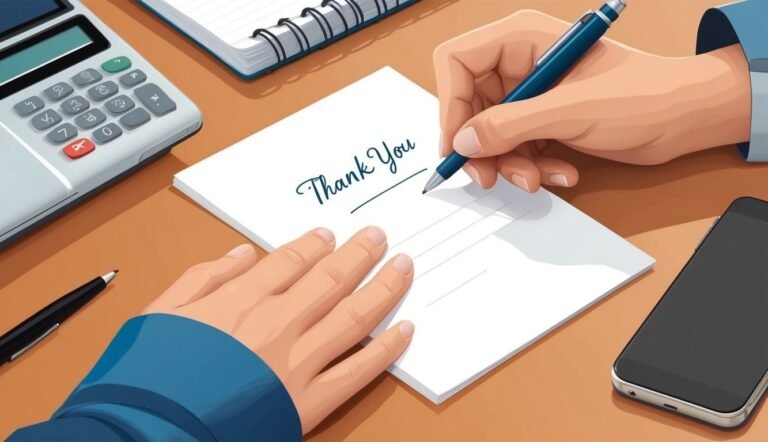 Hands writing "Thank You" on a paper, with calculator and phone