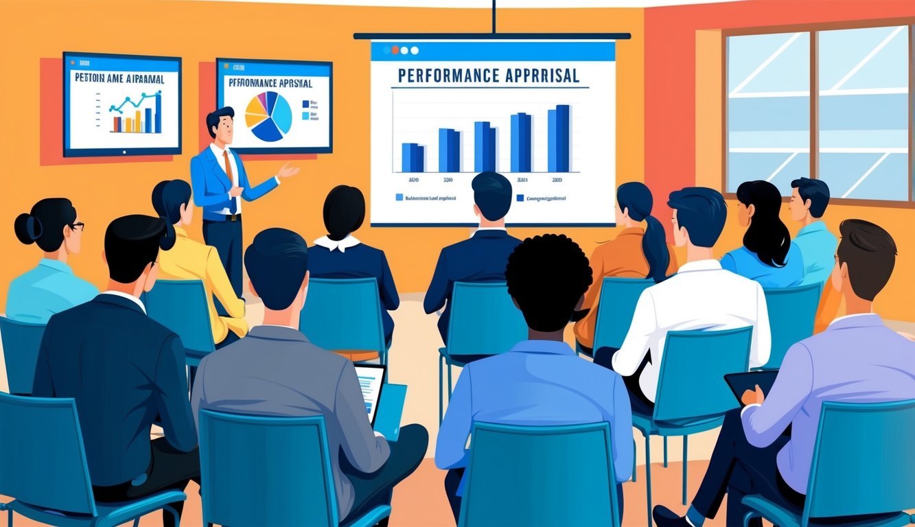 A group of people sitting in a training room, listening to a speaker presenting on performance appraisal.</p><p>Charts and graphs displayed on a screen