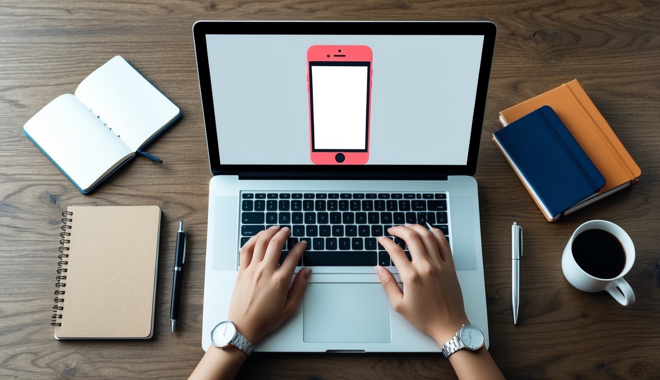 A desk with a laptop, notebook, and pen.</p><p>A phone screen template displayed on the laptop screen