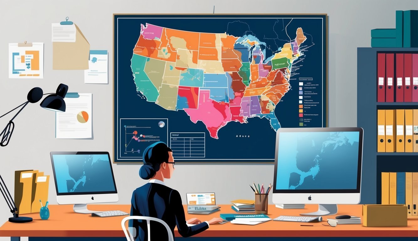 An office setting with computers, files, and a map of regions