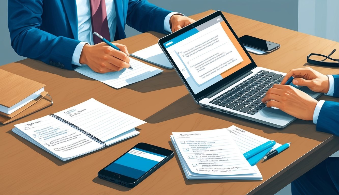 A desk with a laptop, phone, and notes.</p><p>A person taking notes and asking questions