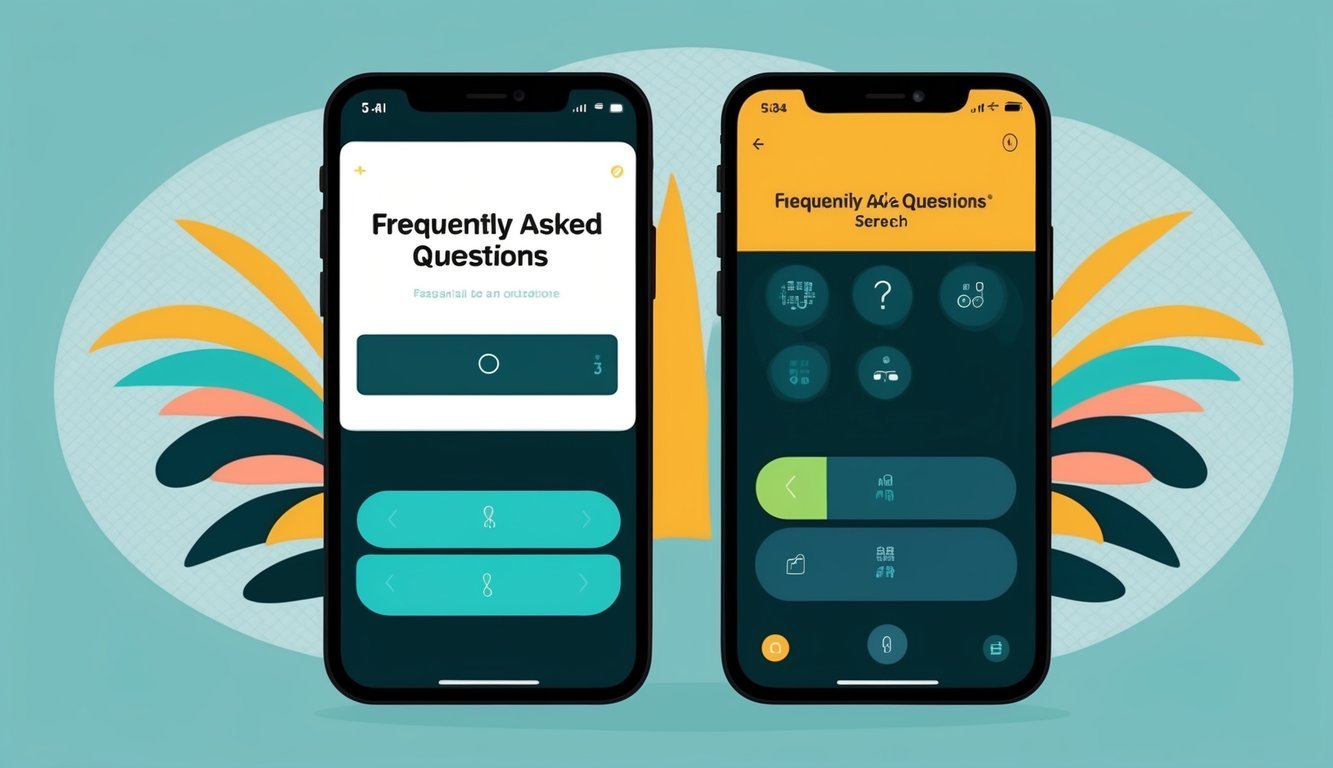 A smartphone displaying a "Frequently Asked Questions" screen with a stylized background and clear navigation buttons