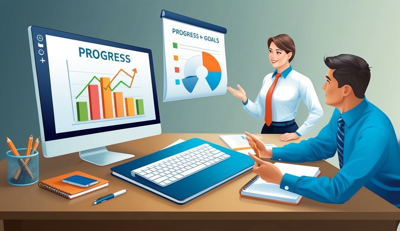 A desk with a computer, notebook, and pen.</p><p>A chart showing progress and goals.</p><p>A manager and employee discussing