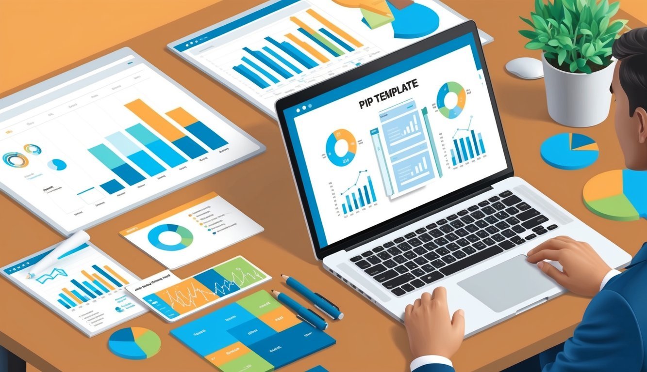 A desk with a laptop showing PIP template, surrounded by charts and graphs, with a person analyzing the data