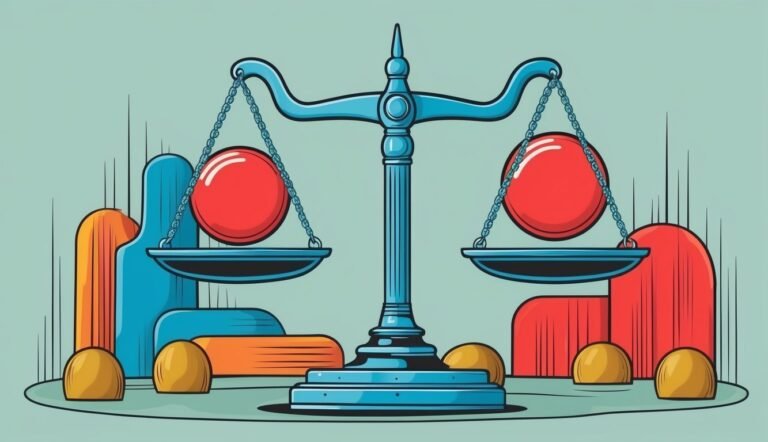 Stylized illustration of a balance scale with red spheres and geometric shapes