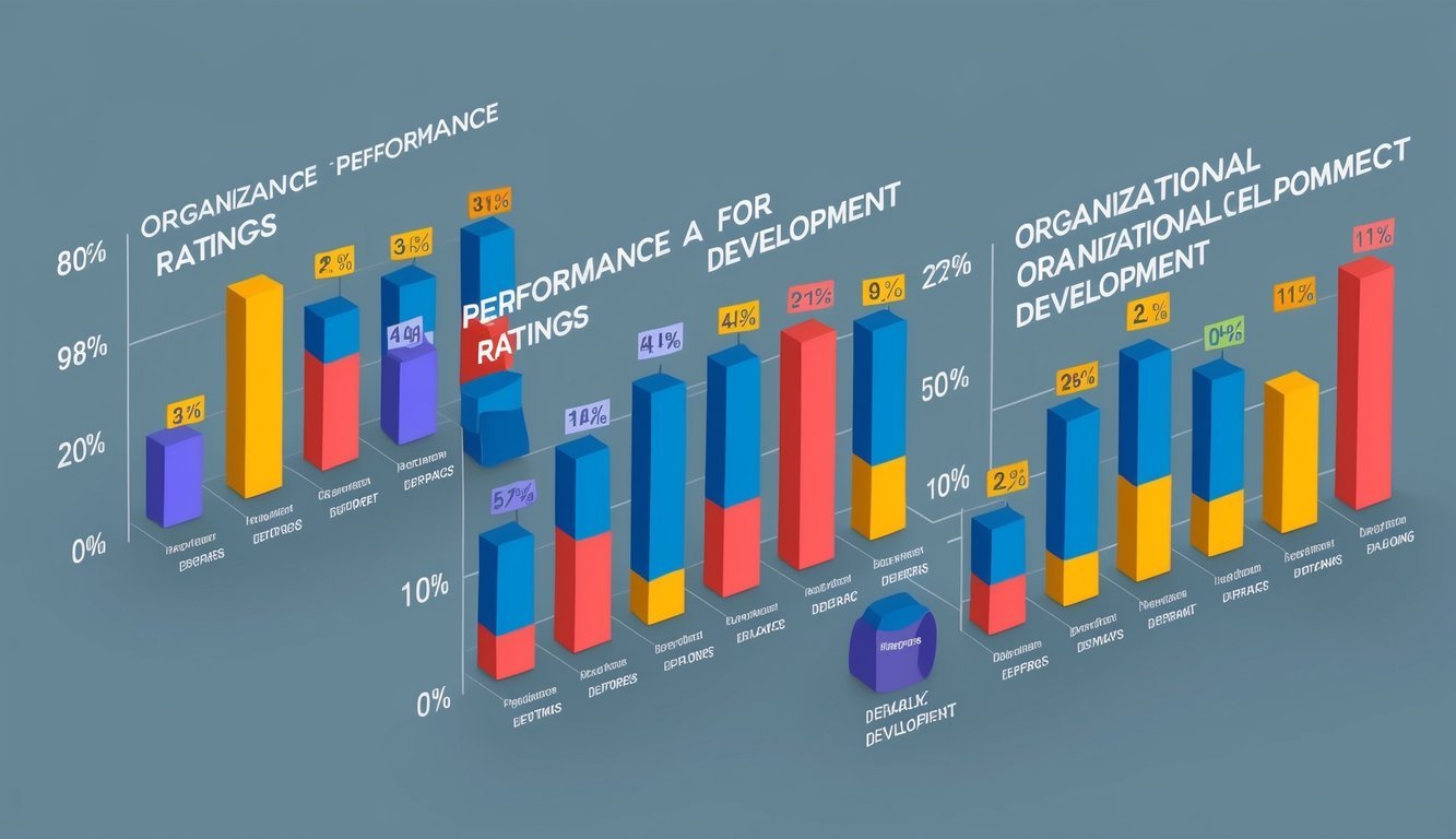 A series of bar graphs and charts displaying performance ratings for different aspects of organizational development