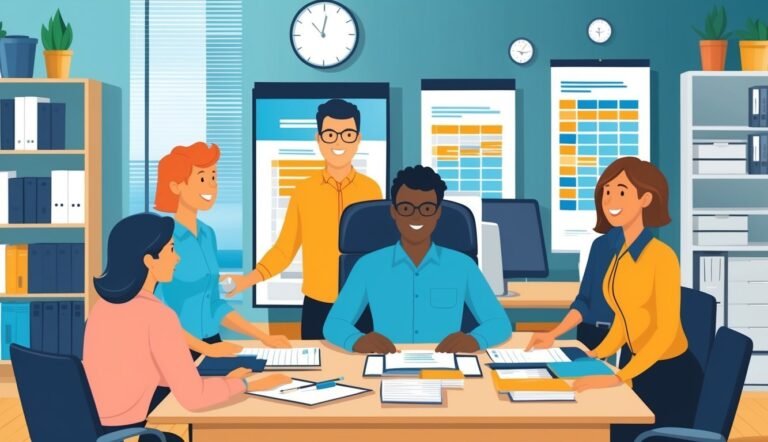Team of diverse people in an office meeting around a table