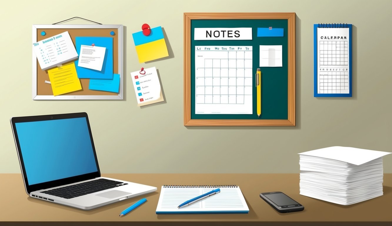 A desk with a laptop, notebook, and pen.</p><p>A wall with a bulletin board filled with notes and a calendar.</p><p>A phone and stack of papers