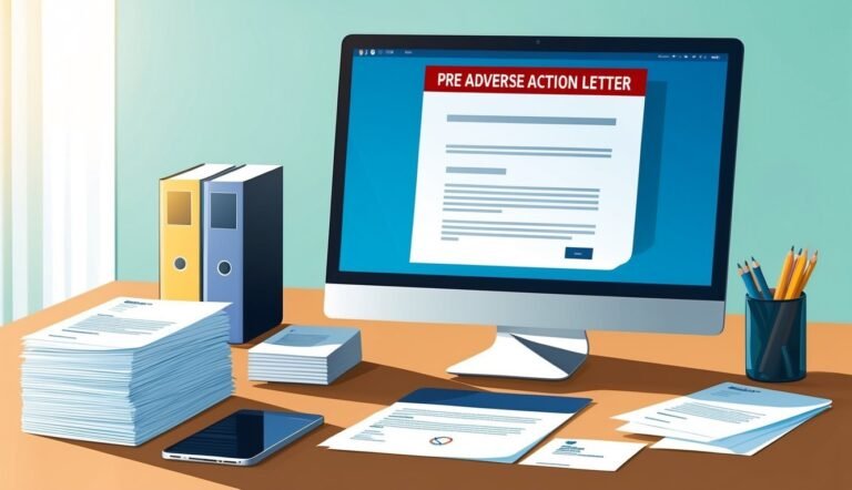 Desk with computer displaying "Pre Adverse Action Letter" and paperwork