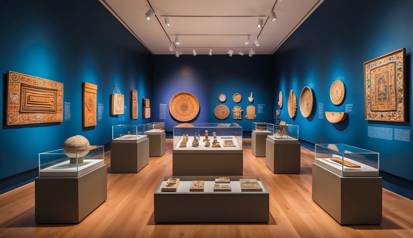 Museum exhibit of ancient artifacts displayed in glass cases and on walls