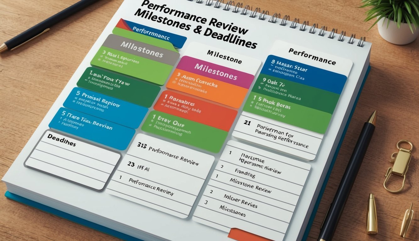 A calendar with labeled sections for performance review milestones and deadlines