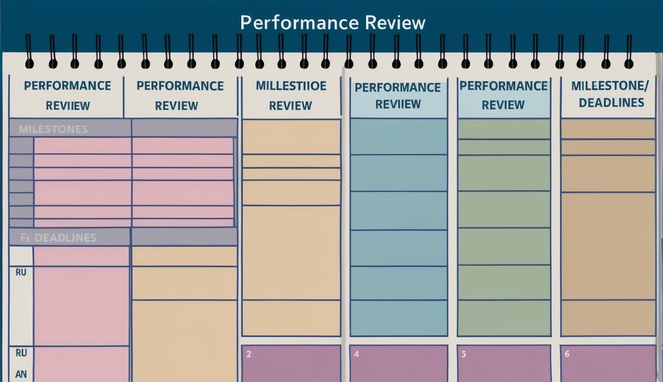 A calendar with labeled sections for performance review milestones and deadlines