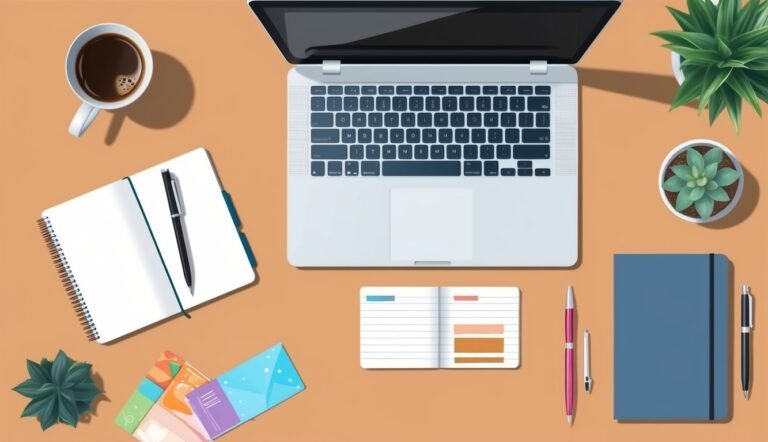 Laptop, coffee, notebooks, pens, and plants on a flat orange surface