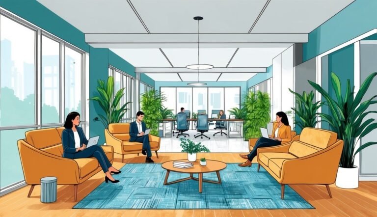 Modern office interior with people working on laptops and desks